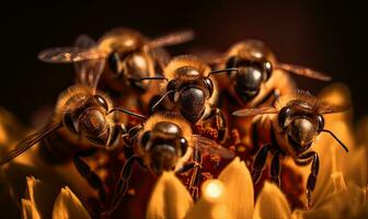skaffa sig upp stänga och personlig med bin i en fängslande makrofotografering selfie. skapande använder sig av generativ ai verktyg foto