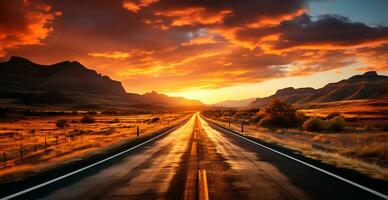 asfalt väg stretching in i de distans, berg solnedgång - ai genererad bild foto