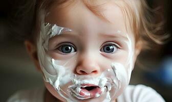 litet barn njuter de smak av yoghurt skapande använder sig av generativ ai verktyg foto