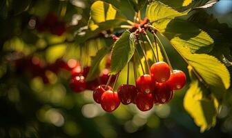 sommar glädje färsk körsbär på de träd i de trädgård skapande använder sig av generativ ai verktyg foto