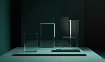 de minimalistisk skönhet av transparent glas cylindrar på en podium skapande använder sig av generativ ai verktyg foto