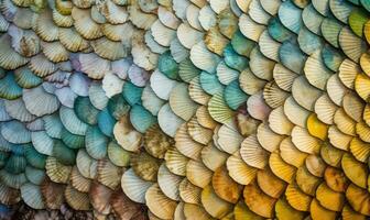 snäckskal, fisk vågar, och mossa kombinera i ett abstrakt textur skapande använder sig av generativ ai verktyg foto