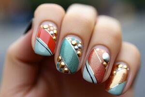 nagel konst polkadot nagel design pop- glitter naglar ai genererad foto