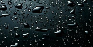 full ram av vatten droppar glidning på en svart våt yta - ai genererad bild foto