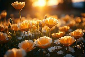 blomma fält i solljus vår eller sommar trädgård professionell reklam fotografi ai genererad foto