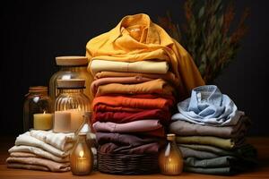 lugg av rena kläder och korg- korg med rena tvätt professionell reklam fotografi ai generativ foto