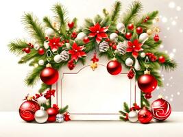 glad jul festival och Lycklig ny år på Semester till dekorationer för hälsning kort på vit bakgrund med kopia Plats för text foto