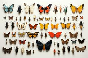sortiment olika insekter platt lägga ai genererad foto