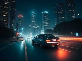 en rör på sig bil i de natt stad ai generera foto