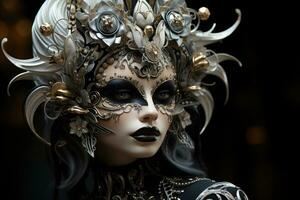 skön kvinna i svart mystisk venetian mask. ai genererad foto