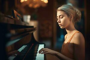pianist ung kvinna på Sol ljus. generera ai foto