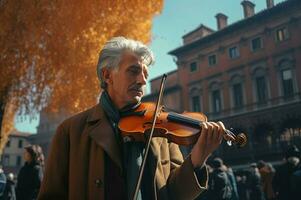 violinist på stad fyrkant musik. generera ai foto