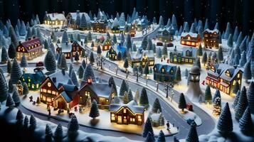 ai generativ realistisk mysigt små jul stad förbi natt isometrisk eller fåglar öga se foto