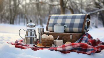 ai generativ vinter- picknick scen i snö med termos på en filt och picknick korg foto