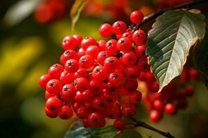 röd bär gren viburnum falla. generera ai foto