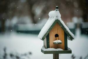 fågel matare hus vinter. generera ai foto