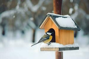 fågel matare hus vinter- på träd. generera ai foto