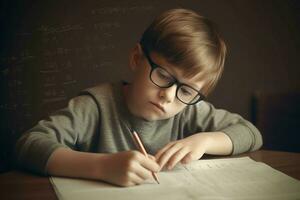 pojke i glasögon håller på med matematik läxa. generera ai foto