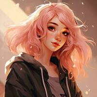 ung flicka med rosa hår i de stil anime generativ ai foto