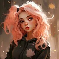 ung flicka med rosa hår i de stil anime generativ ai foto
