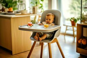 konventionell bebis matning stol i de dining tabell på Hem eller kök. barn hög stol möbel begrepp förbi ai genererad foto