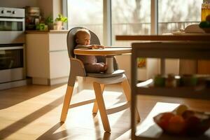 konventionell bebis matning stol i de dining tabell på Hem eller kök. barn hög stol möbel begrepp förbi ai genererad foto