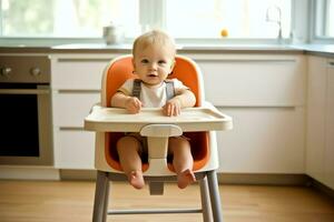 konventionell bebis matning stol i de dining tabell på Hem eller kök. barn hög stol möbel begrepp förbi ai genererad foto