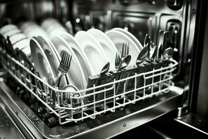 öppnad diskmaskin maskin i kök rum med smutsig plattor eller rena maträtter efter tvättning inuti begrepp förbi ai genererad foto