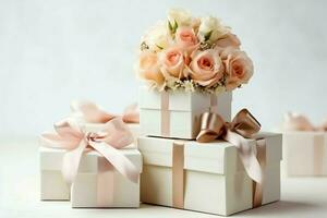 färgrik gåva lådor närvarande med band och rosett. för födelsedag, jul gåva eller valentine tillfällen begrepp förbi ai genererad foto