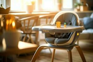konventionell bebis matning stol i de dining tabell på Hem eller kök. barn hög stol möbel begrepp förbi ai genererad foto