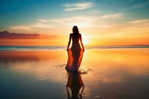 en sensuell attraktiv ung kvinna på en solnedgång strand. ai generativ foto