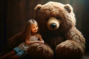 en söt stor nallebjörn och en liten flicka. ai generativ foto