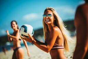 attraktiv kvinnor spelar strand volleyboll på en solig dag. ai generativ foto