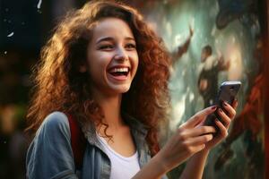 Lycklig flicka med en smartphone i henne hand. ai generativ foto