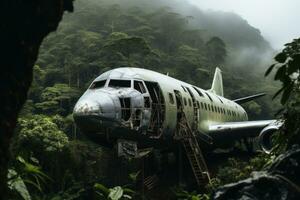 en stranded flygplan i de jungle.ai generativ foto