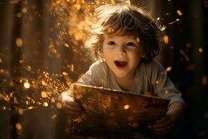 en barn öppning en gåva låda, med en brista av magisk ljus och spänning framväxande från inom. generativ ai foto