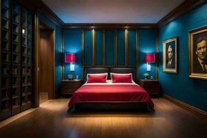 en sovrum med blå väggar och trä golv. ai-genererad foto