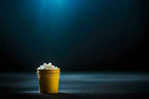 en gul hink med popcorn på en mörk bakgrund. ai-genererad foto