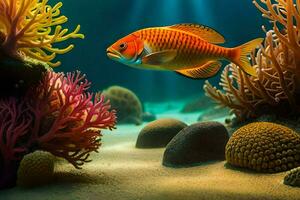 ett orange fisk simning i de hav med korall. ai-genererad foto