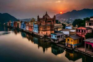 de Sol uppsättningar över de stad av udaipur, Indien. ai-genererad foto