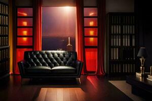 en svart läder soffa i främre av en fönster med röd gardiner. ai-genererad foto