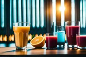 en grupp av annorlunda färgad juicer och smoothies. ai-genererad foto