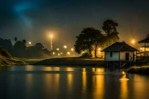 en små hus sitter på de kant av en sjö på natt. ai-genererad foto
