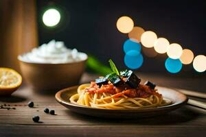 spaghetti med tomat sås och äggplanta på en trä- tabell. ai-genererad foto