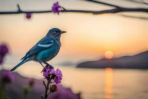 en blå fågel sitter på en gren med lila blommor. ai-genererad foto