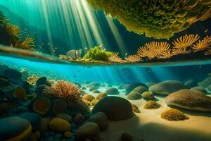 en korall rev med Sol strålar lysande genom de vatten. ai-genererad foto