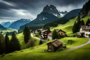 en små by i de bergen med grön gräs och berg. ai-genererad foto