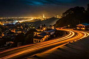 en stad på natt med lampor på de väg. ai-genererad foto