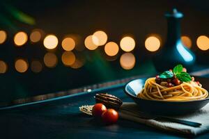 spaghetti med tomat och basilika på en trä- tabell. ai-genererad foto