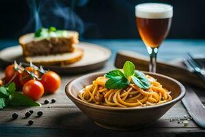 spaghetti med tomat sås och bröd på en trä- tabell. ai-genererad foto